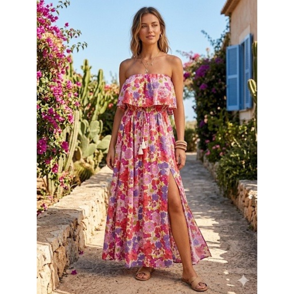 Japna Floral Off The Shoulder Maxi Dress S Pink Red Ruffle Tassel Slit